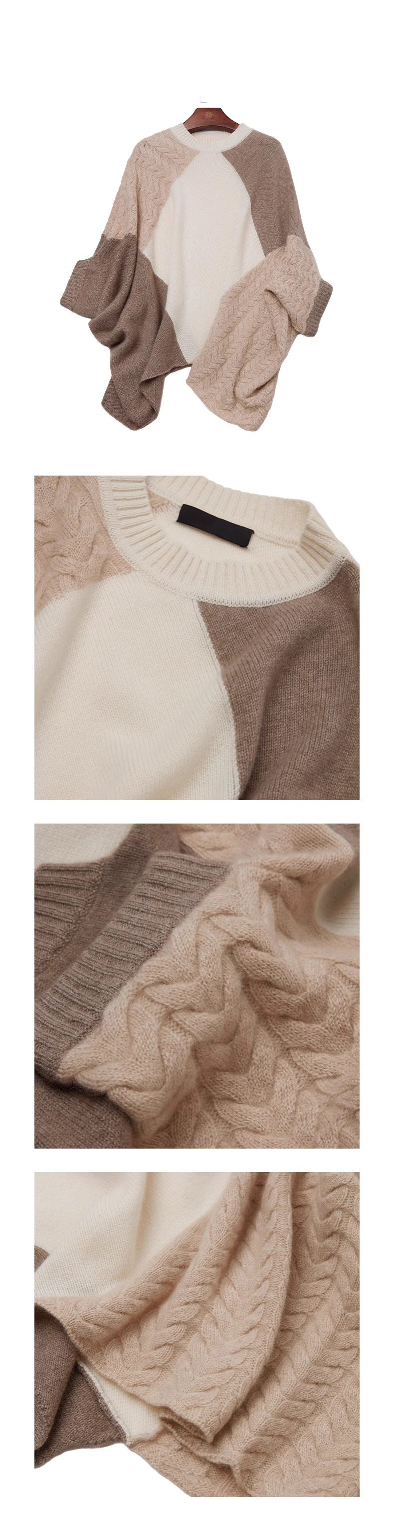  Cable knit Cashmere crew neck Poncho detail