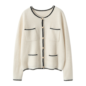 Women's Contrast Trim Front Pocket Cashmere Cardigan Sweaters With Buttons