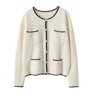 Women's Contrast Trim Front Pocket Cashmere Cardigan Sweaters With Buttons