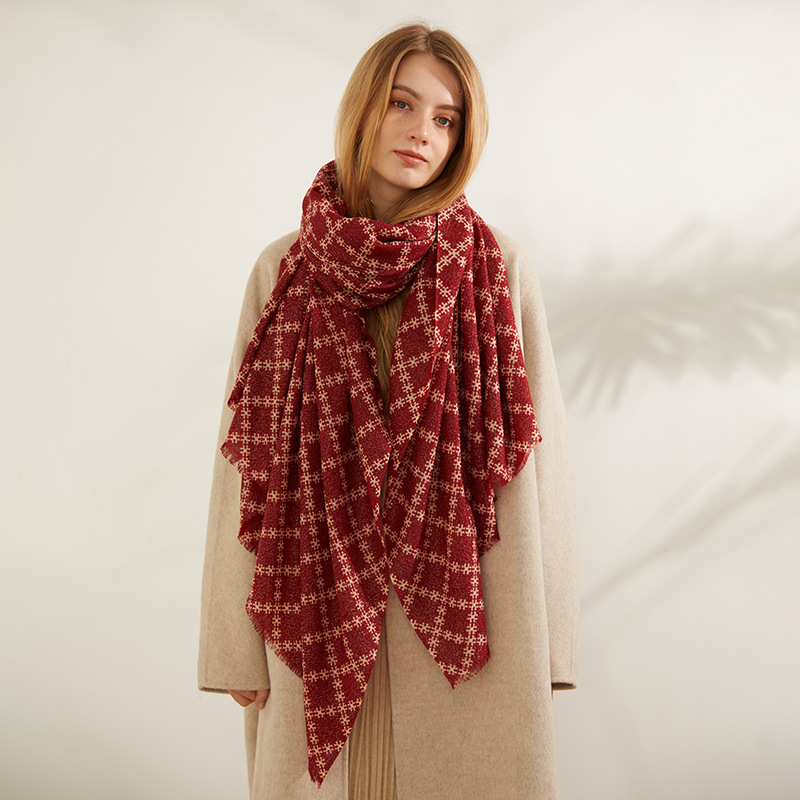 Women's large plaid wool scarves Shawls Wraps with silver threads