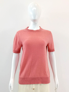 Women Peach Pink Round Neck Sequin Short Sleeve 