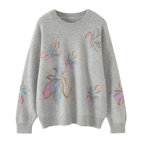 Imfield womens crew neck printed 100 Mongolian cashmere sweater