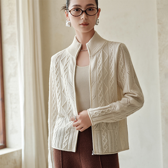 Imfield cashmere womens cable knit zip up cardigan sweater jacket