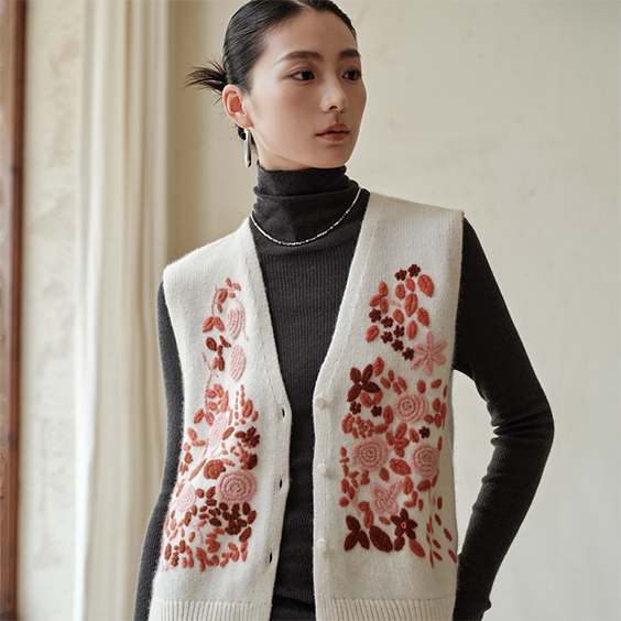 Women's Floral Embroidery cashmere Knitted v neck Sweater Vest cardigan
