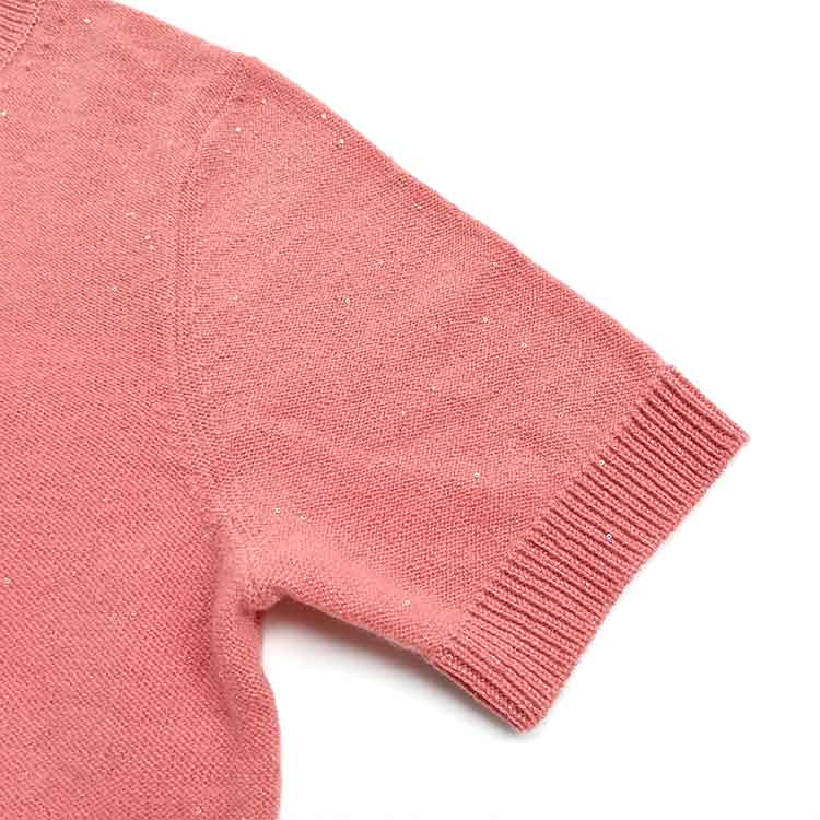 Women Peach Pink Round Neck Sequin Short Sleeve 3