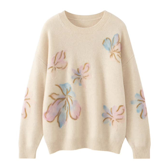 Imfield Womens Crew Boyun Baskısı 100 Moğol Kaşmir Sweater