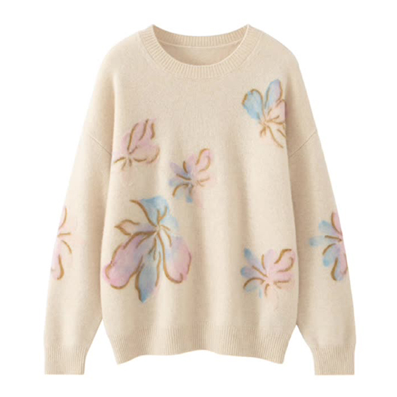 Imfield womens crew neck printed 100 Mongolian cashmere sweater