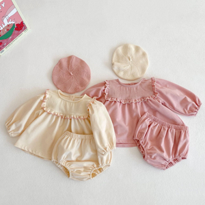 Custom High Quality Spring Plain Baby Girls Clothing Sets Bubble Long Sleeve Skirt And Pants Cotton Baby Girl Skirt Set