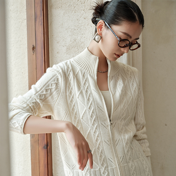 Imfield cashmere womens cable knit zip up cardigan sweater jacket