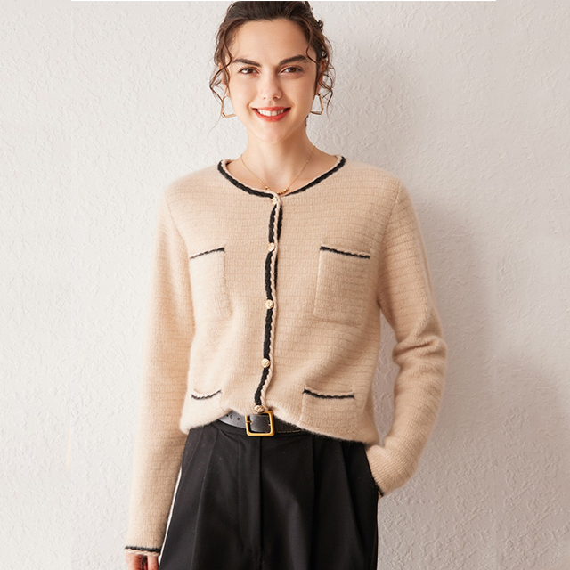 Tương phản phụ nữ trang trí túi cashmere áo len cashmere với nút