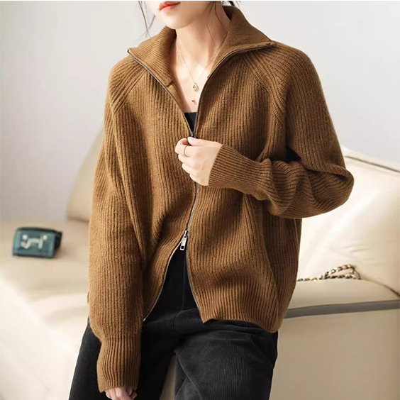 Women's Merino Wool Cardigan Zip Up Lightweight Knit Stand Collar Sweater for Fall Winter