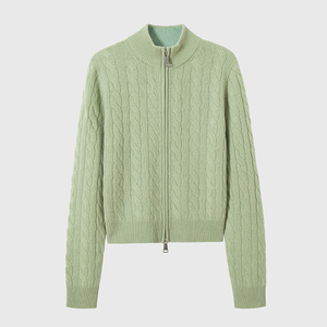 Hellgr&uuml;ner Damen-Cardigan aus Kaschmir mit Zopfmuster und Rei&szlig;verschluss im klassischen Design