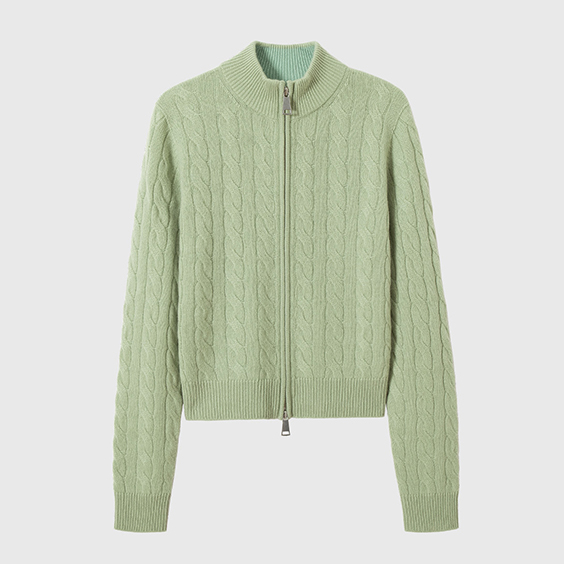 Women's cable knit cashmere cardigan light green zip up classic design