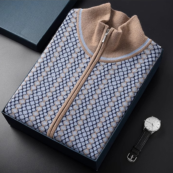 Men’s Half Zip Knitted Jacquard Cashmere Sweater – Luxury Soft Warm Zip Neck Pullover