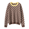 Women's crew neck checkered knit pullover sweater