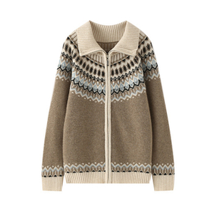 Women's Cashmere Knit Fair Isle Cardigan Sweater Dengan Ritsleting