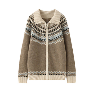 Women's cashmere knit fair isle cardigan sweater with zipper