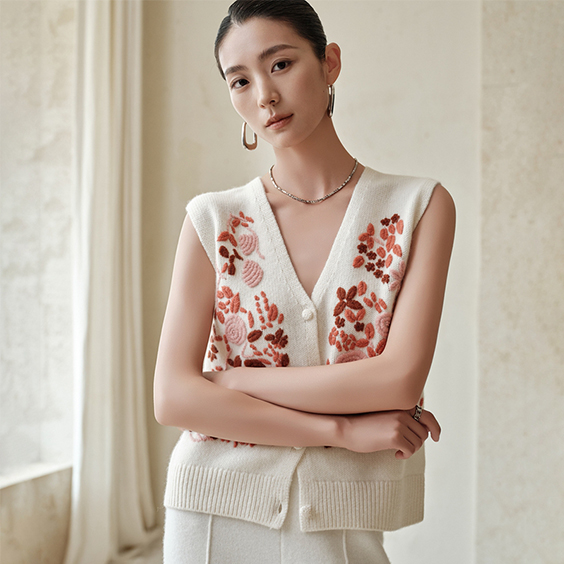 Women's Floral Embroidery cashmere Knitted v neck Sweater Vest cardigan