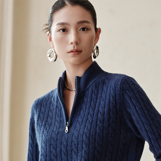 Cable-Knit Quarter Zip Long Sleeve Cashmere Sweater Women