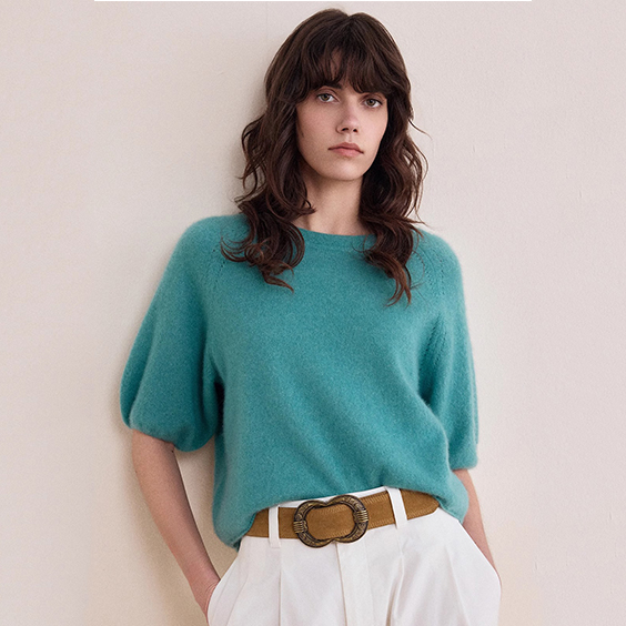 Womens Short Sleeve Silk Cashmere Blended T-Shirt Knitted Cashmere Sweater