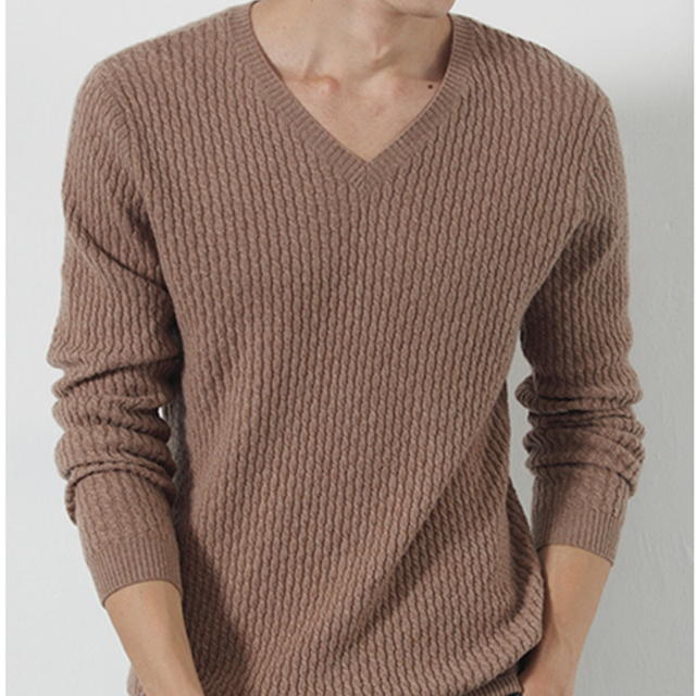 Men Cable Knitted V Neck Cashmere Sweater