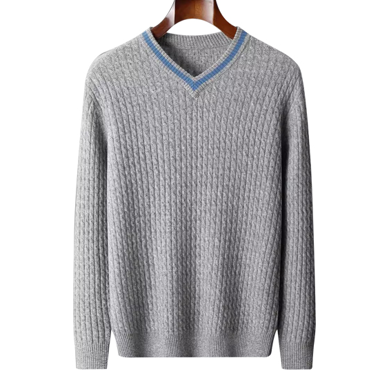 Men Cable Knitted V Neck Cashmere Sweater