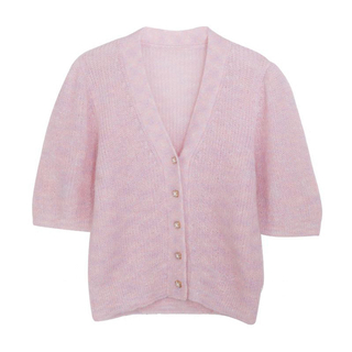 Mohair v neck puff short sleeve cardigan sweater for womens