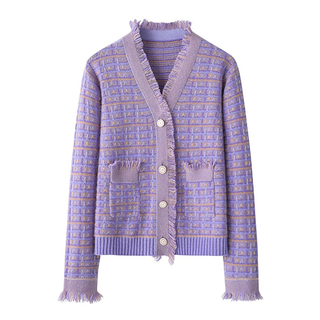 Luxury Fringed Lilac Cashmere Cardigan – Soft Knit Women’s Button-Front Sweater