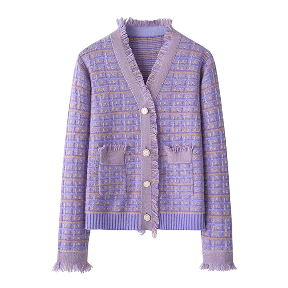 Luxury Fringed Lilac Cashmere Cardigan – Soft Knit Women’s Button-Front Sweater