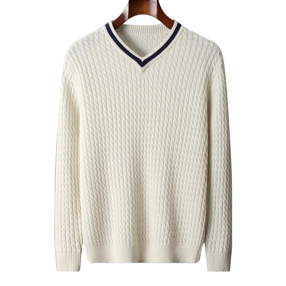 Men Cable Knitted V Neck Cashmere Sweater