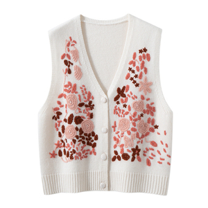 Bordir Bordir Bunga Wanita Rajutan Vest Cardigan Vest Leher
