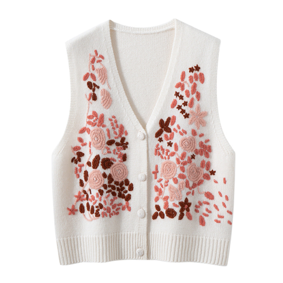 Women's Floral Embroidery cashmere Knitted v neck Sweater Vest cardigan