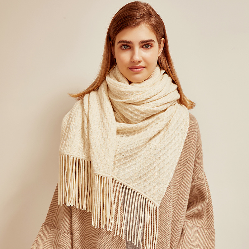 Women's Cable Knit Cashmere Scarf Shawl with Tassels