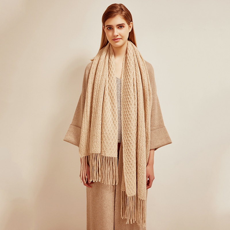 Women's Cable Knit Cashmere Scarf Shawl with Tassels