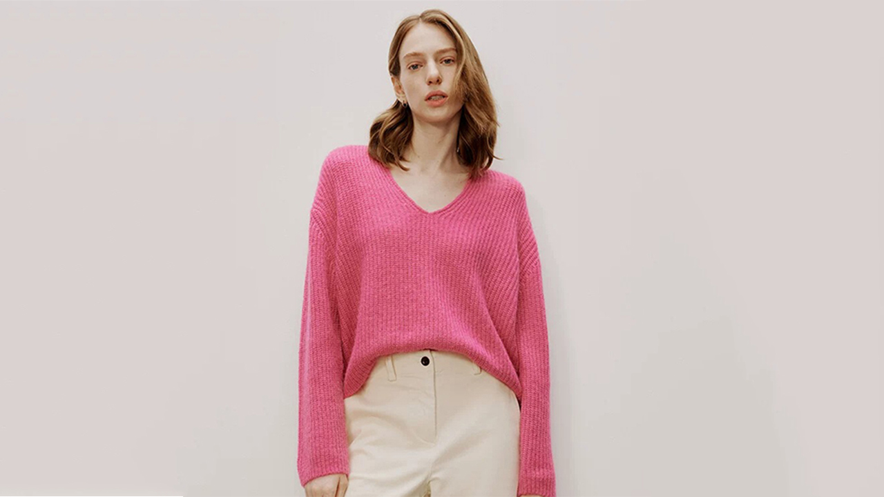 Women V Neck Lantern Sleeve cashmere Sweater