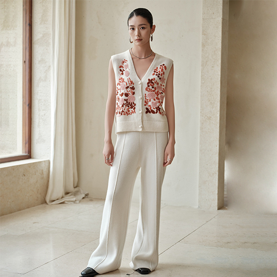 Women's Floral Embroidery cashmere Knitted v neck Sweater Vest cardigan