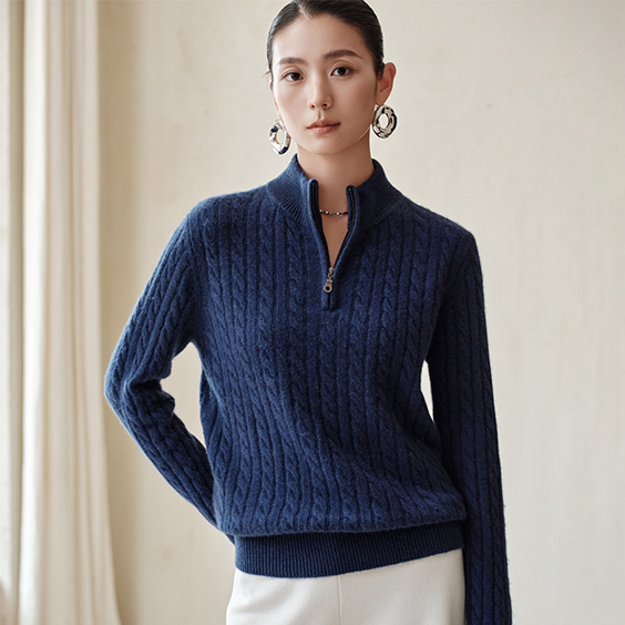 Cable-Knit Quarter Zip Long Sleeve Cashmere Sweater Women