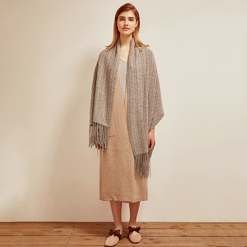 Women's Cable Knit Cashmere Scarf Shawl with Tassels