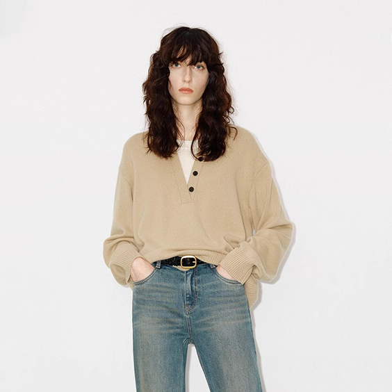 Cashmere Knit Henley Sweater for Women Soft Luxury V-Neck Pullover