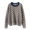 Women's crew neck checkered knit pullover sweater