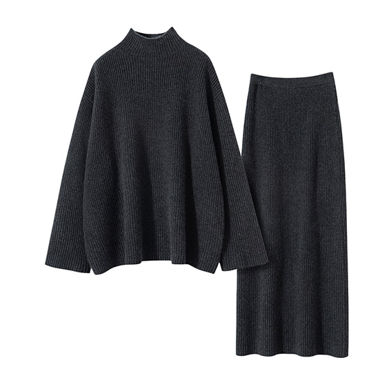 Wholesale 2 piece turtleneck knit cashmere sweater and skirt combo set