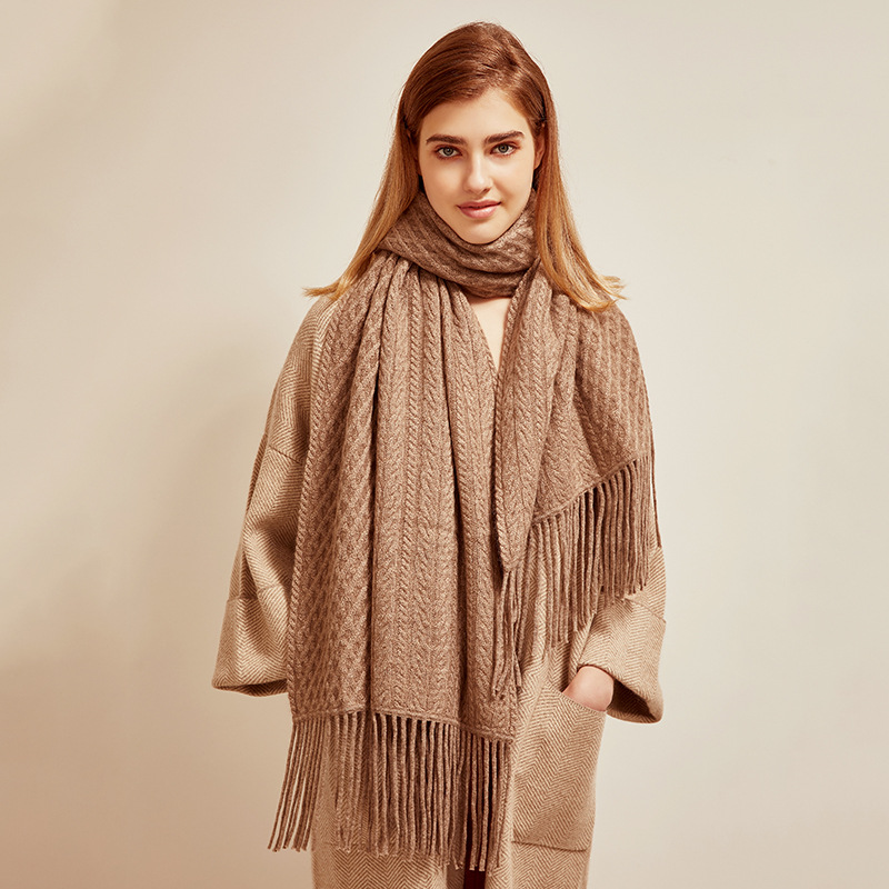 Women's Cable Knit Cashmere Scarf Shawl with Tassels