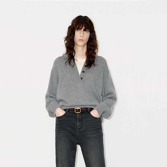 Cashmere Knit Henley Sweater for Women Soft Luxury V-Neck Pullover